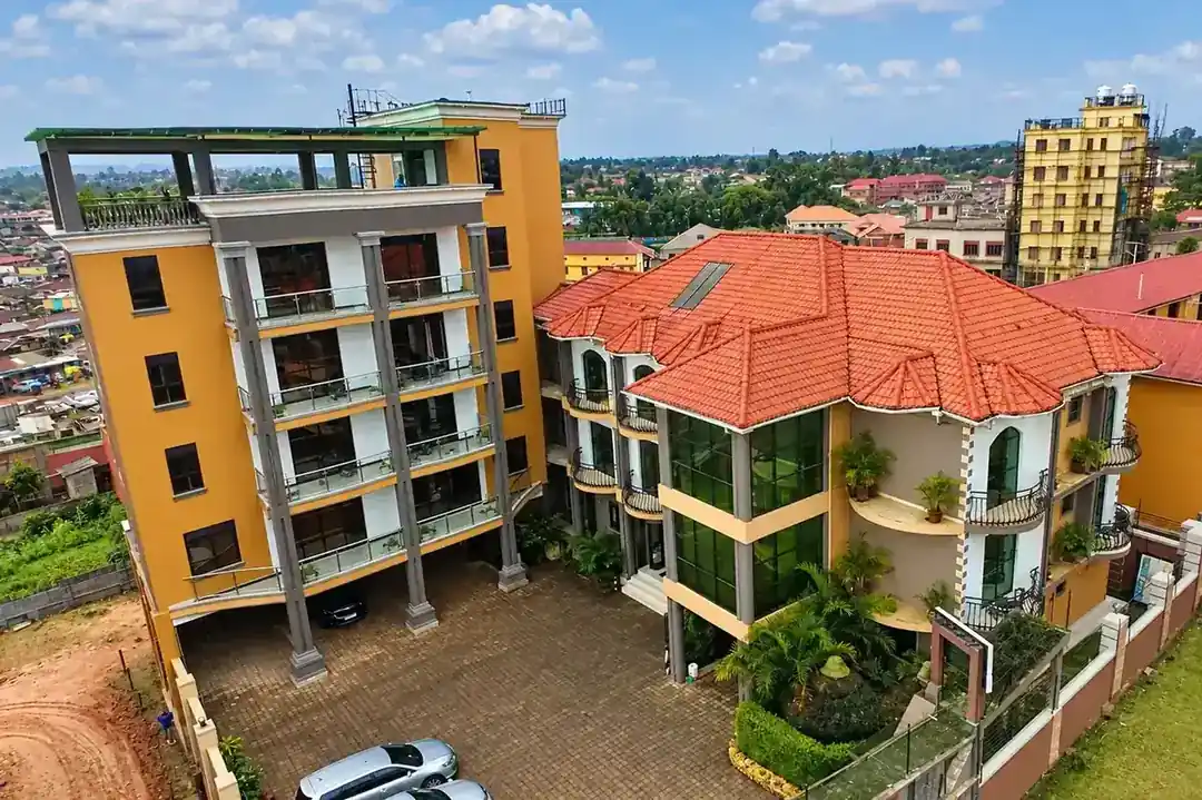 Relie Motel red tiled roof, courtyard and secure parking from the air