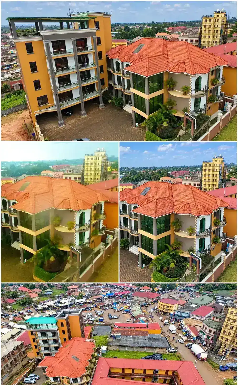 Wide aerial view of Relie Motel and Fort Portal