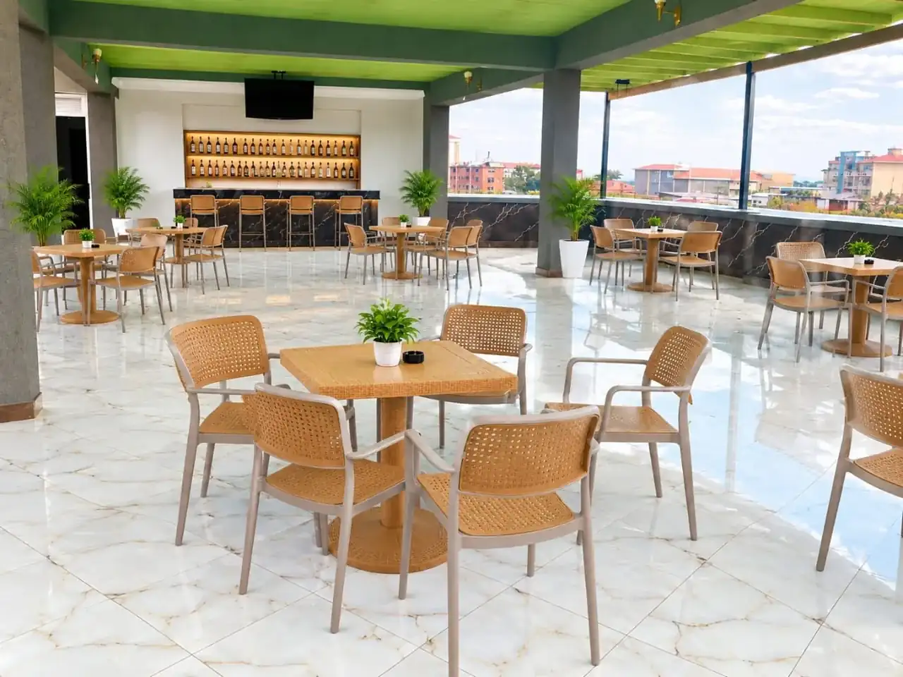 Rooftop bar and terrace at Relie Motel with views over Fort Portal