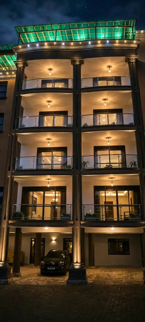 Relie Motel balconies lit up at night